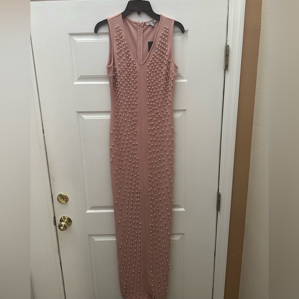 Pink Sleeveless Maxi Dress with Pearl Embellishments